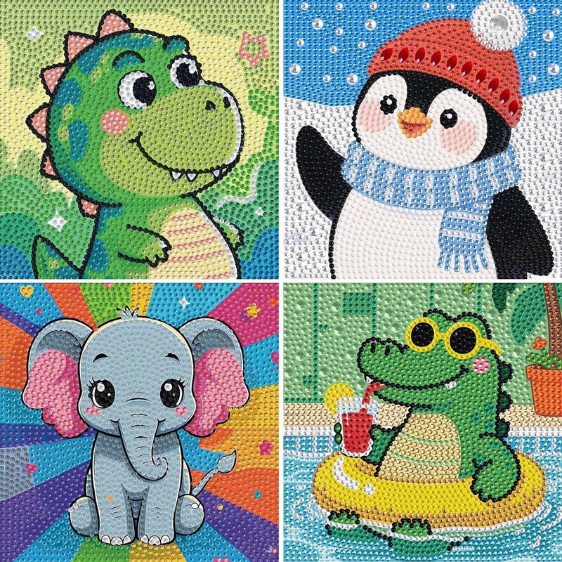 UiSdfuy Diamond Art Kits for Kids,Arts & Crafts for Kid Ages 8-12,Diamond Art for Kids,Gem Art 4 Pack Diamond Painting 6" X 6" (Dinosaur Crocodile Penguin Elephant) - Image 1